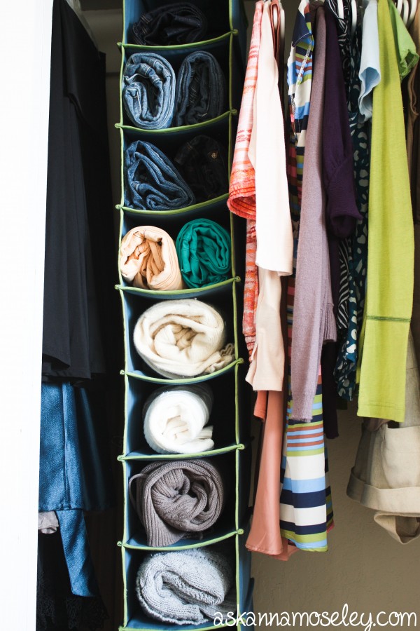 I'm sharing a very creative closet organization solution for those of us who don't have a lot of closet space for things like sweaters, pants, etc. You won't believe how easy it is to find the space you need! | Ask Anna