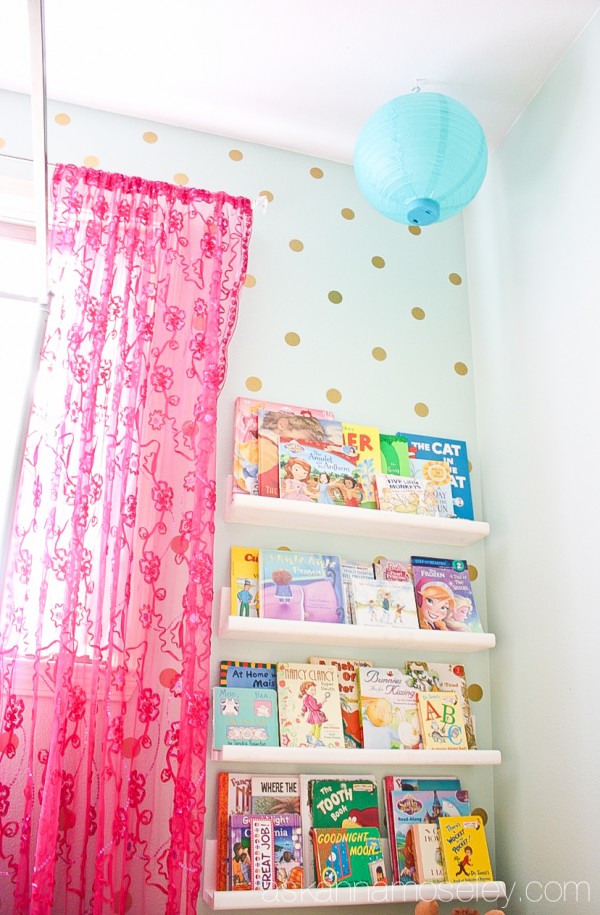 Girl's bedroom polka dot wall and diy bookshelves - Ask Anna