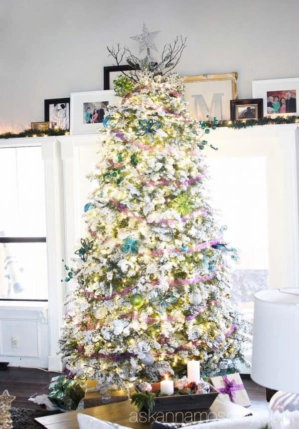 Flocked peacock themed Christmas tree - Ask Anna