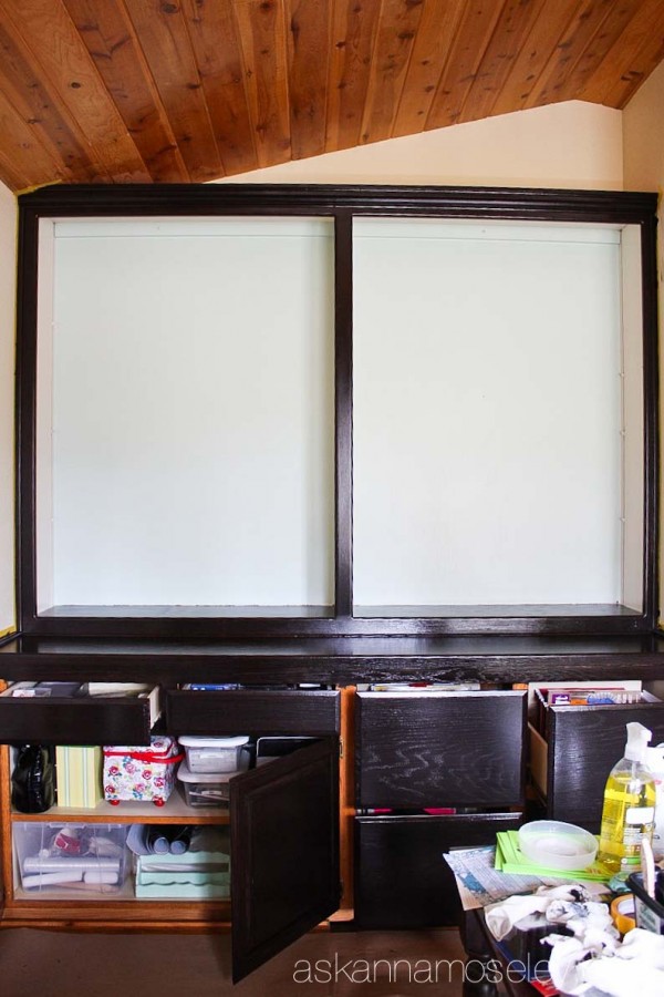 Office bookshelf makeover with Old Village Paints gel stain, in Ebony