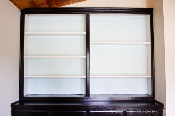 Office bookshelf makeover with Old Village Paints gel stain, in Ebony