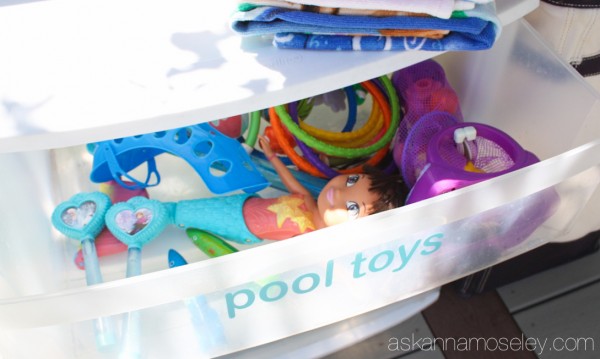 A simple and affordable way to organize outdoor pool toys and towels - Ask Anna