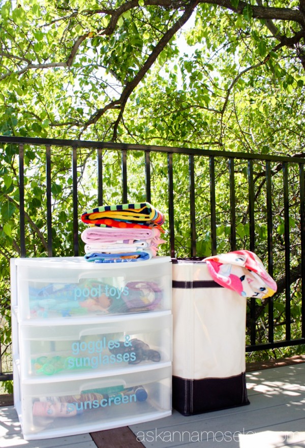 A simple and affordable way to organize outdoor pool toys and towels - Ask Anna