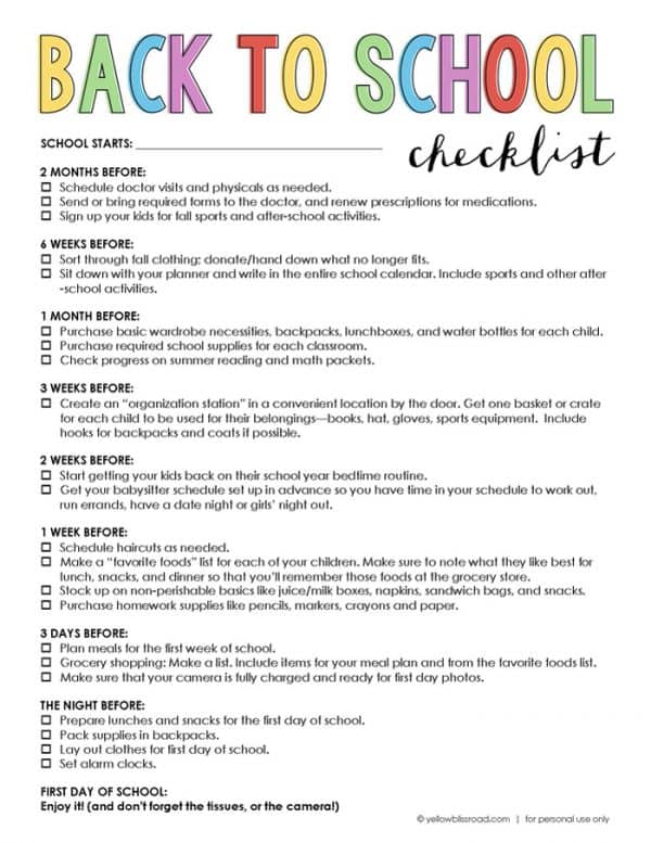 Back to school checklist from Yellow Bliss Road