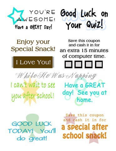 Free, printable school lunch notes from While He Was Napping