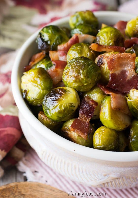 Oven roasted bacon and brussels sprouts, the perfect side dish for ever Thanksgiving feast