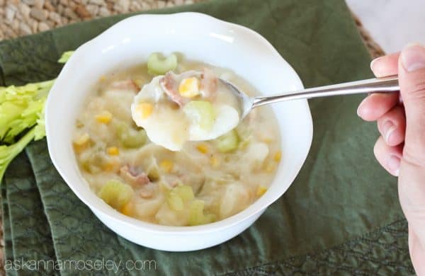 This is the best corn chowder you'll ever eat, and with only 5 main ingredients, it's also super easy to make. Creamy potatoes mixed with celery, onion, bacon and corn, it's the perfect fall or wintertime dinner! - Ask Anna