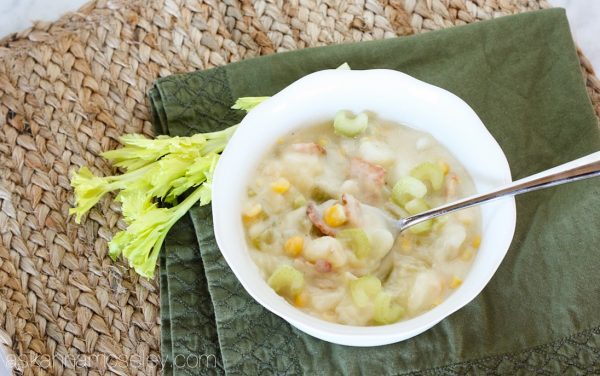 This is the best corn chowder you'll ever eat, and with only 5 main ingredients, it's also super easy to make. Creamy potatoes mixed with celery, onion, bacon and corn, it's the perfect fall or wintertime dinner! - Ask Anna