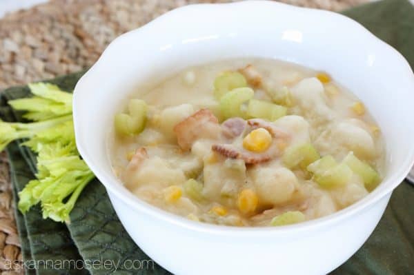 This is the best corn chowder you'll ever eat, and with only 5 main ingredients, it's also super easy to make. Creamy potatoes mixed with celery, onion, bacon and corn, it's the perfect fall or wintertime dinner!