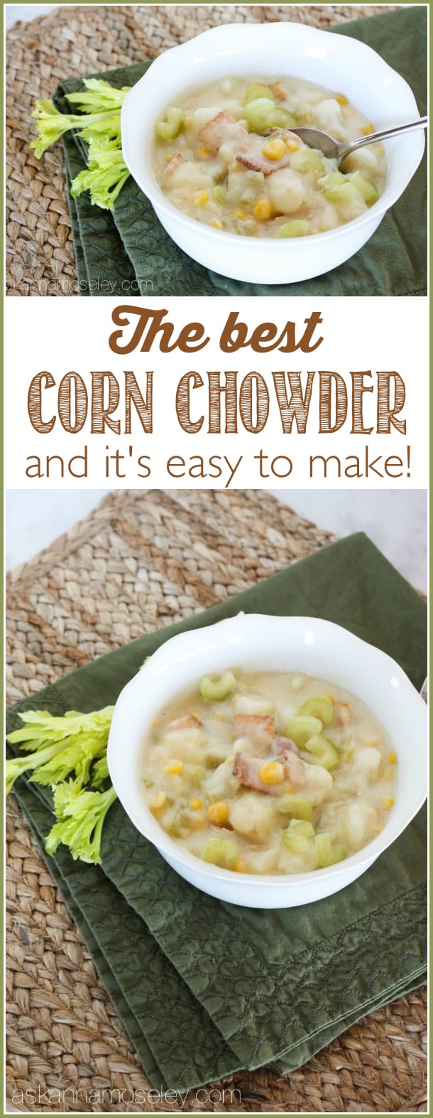 This is the best corn chowder you'll ever eat, and with only 5 main ingredients, it's also super easy to make. Creamy potatoes mixed with celery, onion, bacon and corn, it's the perfect fall or wintertime dinner! - Ask Anna