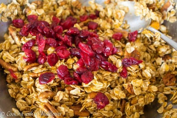 Granola filled with pumpkin puree, toasted pecans, sweet cranberries, and maple syrup. This maple pumpkin pecan granola is the most amazing breakfast and snack for fall. 