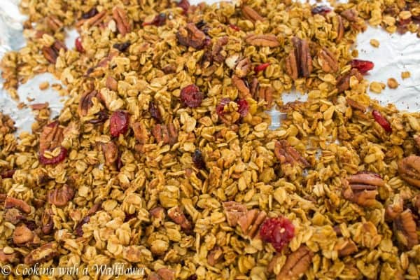 Granola filled with pumpkin puree, toasted pecans, sweet cranberries, and maple syrup. This maple pumpkin pecan granola is the most amazing breakfast and snack for fall. 