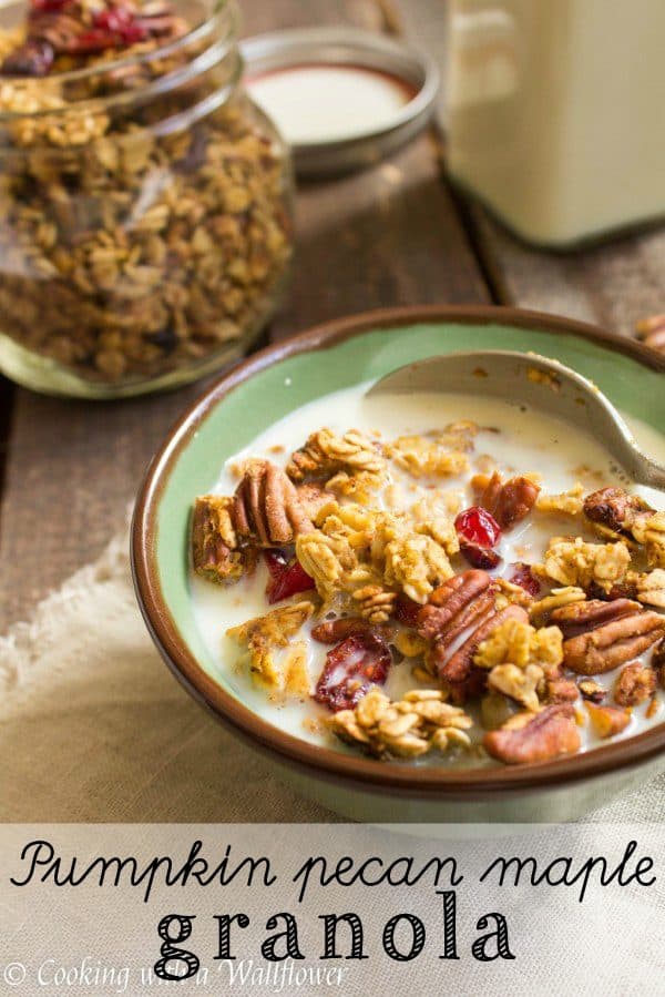 Granola filled with pumpkin puree, toasted pecans, sweet cranberries, and maple syrup. This maple pumpkin pecan granola is the most amazing breakfast and snack for fall. 