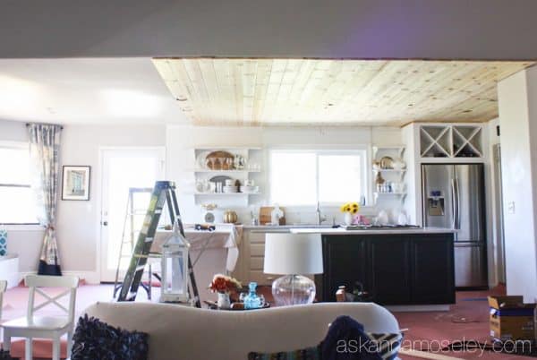 Natural wood ceiling in a kitchen - see the transformation from an outdated light box, to pendants and a beautiful pine wood ceiling | Ask Anna