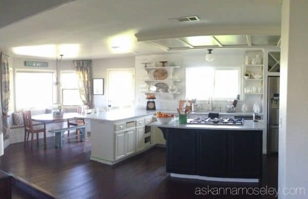 Natural wood ceiling in a kitchen - see the transformation from an outdated light box, to pendants and a beautiful pine wood ceiling | Ask Anna