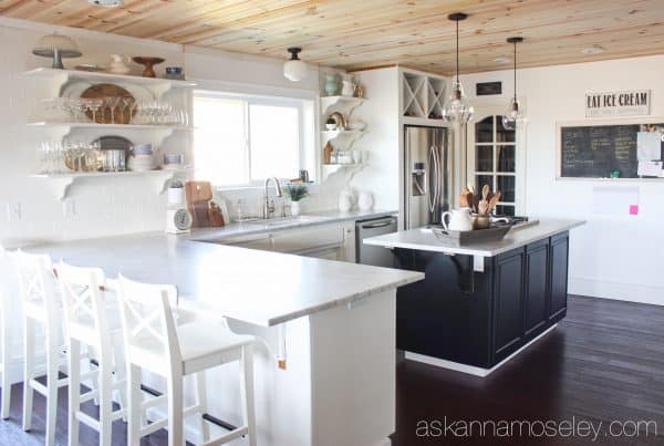 Natural wood ceiling in a kitchen - see the transformation from an outdated light box, to pendants and a beautiful pine wood ceiling | Ask Anna