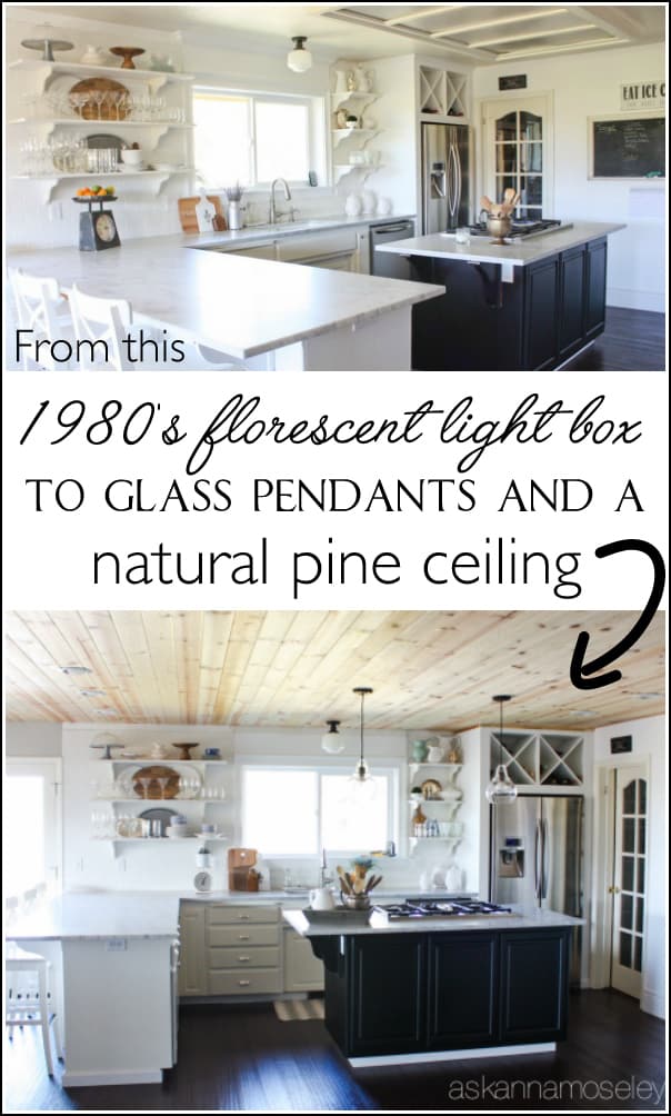 Natural wood ceiling in a kitchen - see the transformation from an outdated light box, to pendants and a beautiful pine wood ceiling | Ask Anna