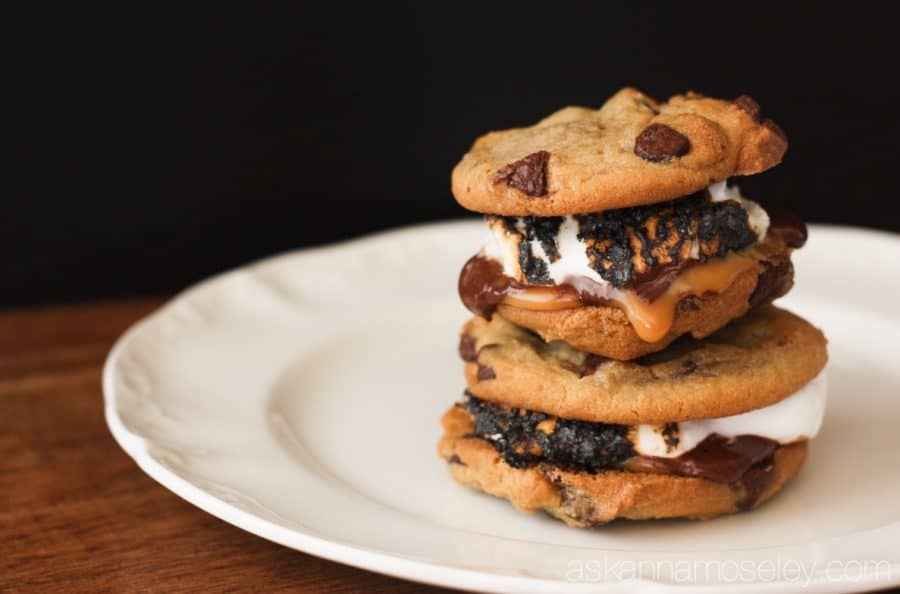 Layers of chocolate chip cookies, rich dark chocolate sea salt caramels & toasted marshmallows will have you going back for more of these gourmet s'mores | Ask Anna