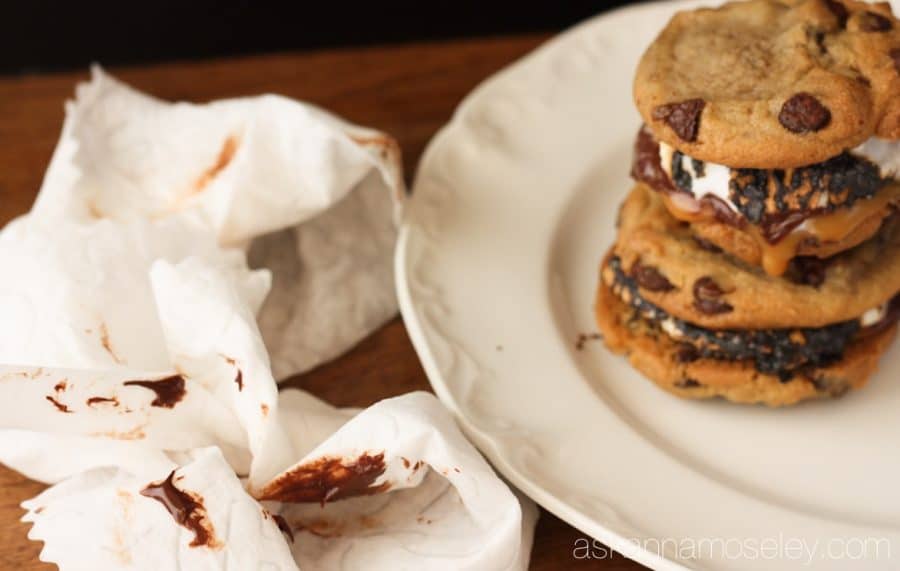 Layers of chocolate chip cookies, rich dark chocolate sea salt caramels & toasted marshmallows will have you going back for more of these gourmet s'mores | Ask Anna