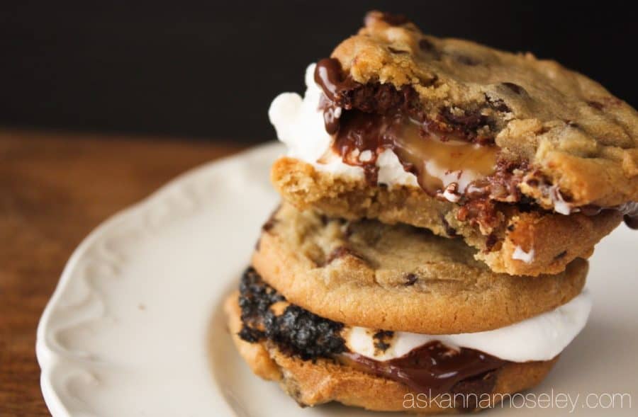 Layers of chocolate chip cookies, rich dark chocolate sea salt caramels & toasted marshmallows will have you going back for more of these gourmet s'mores | Ask Anna