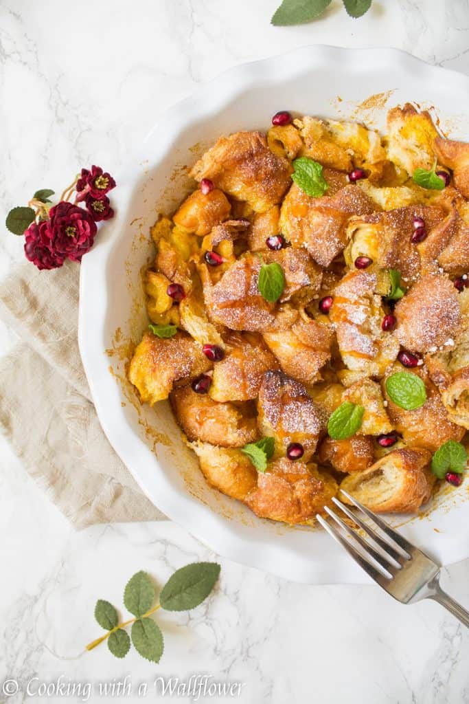 This pumpkin pie croissant French toast is so perfect for fall. It’s custardy in the center and crispy and buttery on top and tastes like pumpkin pie | Cooking with a Wallflower