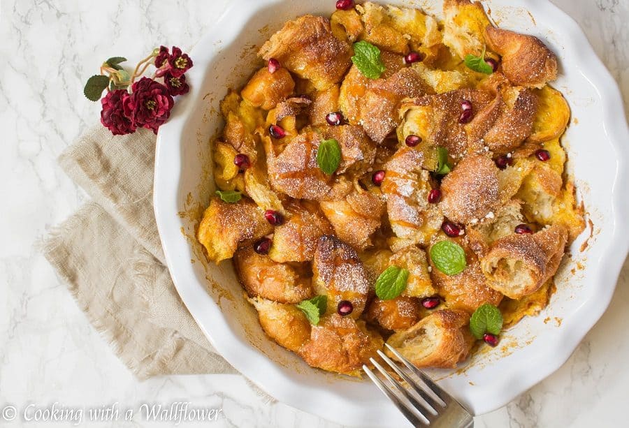 This pumpkin pie croissant French toast is so perfect for fall. It’s custardy in the center and crispy and buttery on top and tastes like pumpkin pie | Cooking with a Wallflower