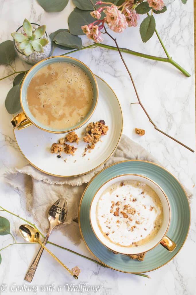 Strong brewed coffee latte served with pumpkin puree, maple syrup, and oats. This maple pumpkin almond oatmeal latte is delicious and perfect for fall. | Cooking With a Wallflower