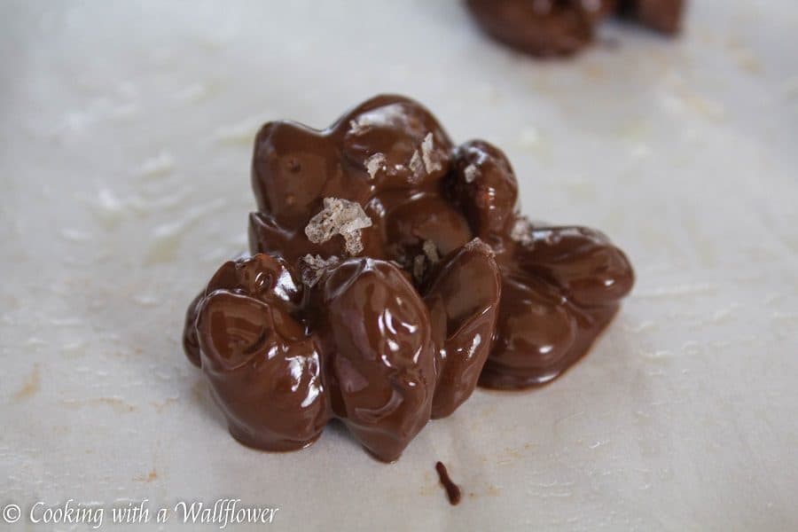 Roasted almonds coated with semi sweet chocolate then topped with a pinch of vanilla salt. These chocolate covered almond clusters are so simple to make and perfect for gifting. | Cooking With a Wallflower