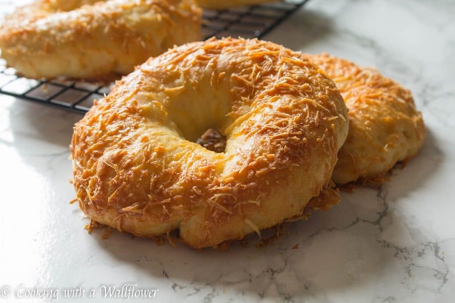 Homemade bagels topped with freshly grated Parmesan cheese, these homemade Parmesan bagels are delicious and easy to make. | Cooking with a Wallflower