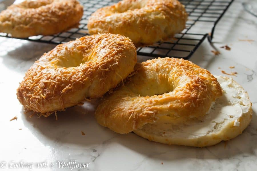 Homemade bagels topped with freshly grated Parmesan cheese, these homemade Parmesan bagels are delicious and easy to make. | Cooking with a Wallflower