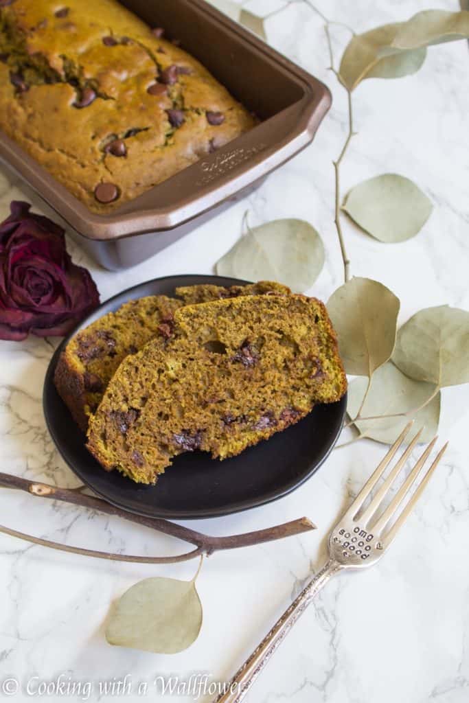 Divine bread filled with chocolate chips and a hint of matcha green tea. This matcha green tea chocolate chip bread is delicious and perfect for breakfast or an afternoon snack. | Cooking with a Wallflower