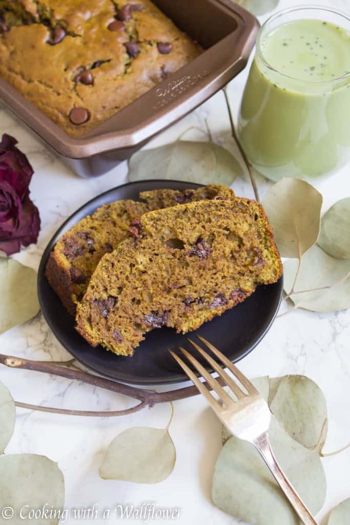 Divine bread filled with chocolate chips and a hint of matcha green tea. This matcha green tea chocolate chip bread is delicious and perfect for breakfast or an afternoon snack. | Cooking with a Wallflower