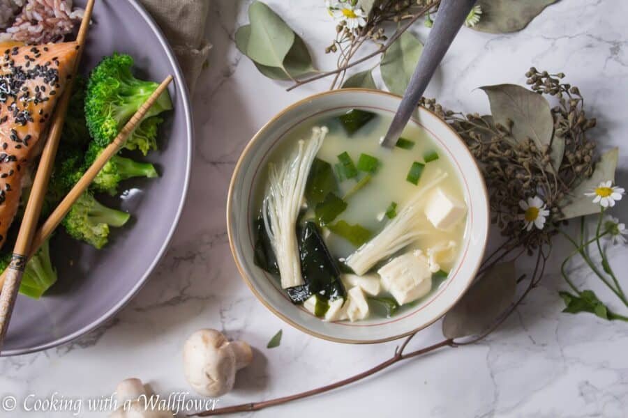 Savory miso soup cooked with seaweed, tofu, and mushrooms. This mushroom miso soup is simple, delicious and comforting. | Ask Anna