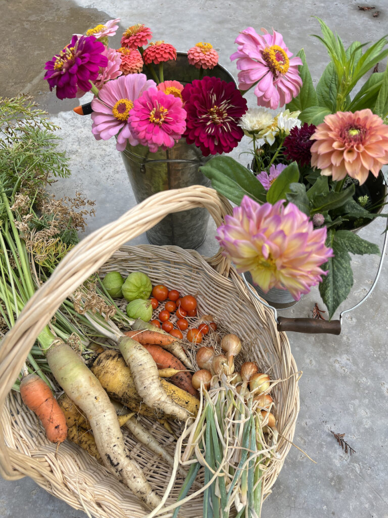 Vegetables and flowers gathered from the garden at Little Wagon Farmstead.