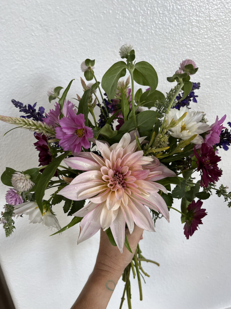 Bouquet of dahlias and cosmos from Little Wagon Farmstead.