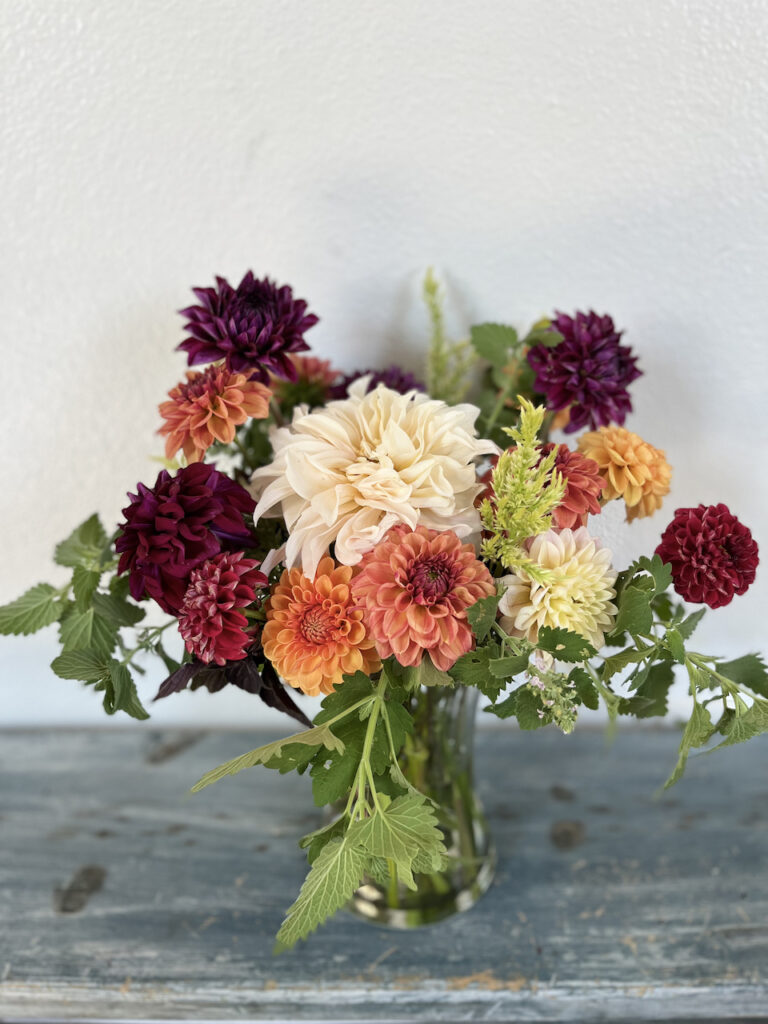 Bouquet of dahlias from Little Wagon Farmstead.